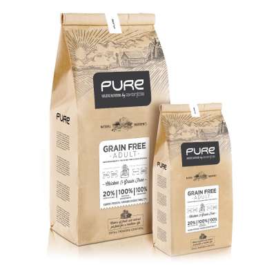 Dog dry food GRAIN FREE. Super Premium for adult dogs. GMO free  with fresh chicken on eco-friendly bag