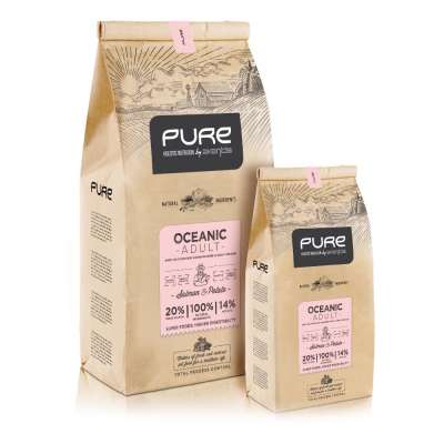 Super Premium dry dog food for adults PURE. GMO free holistic with fresh salmon on eco-friendly paper bag